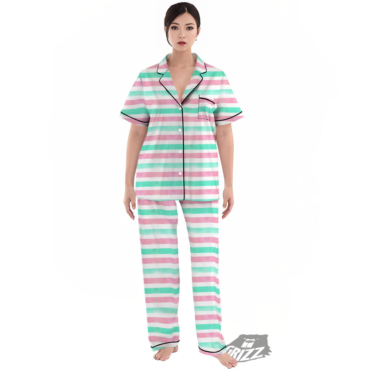 Striped Teal And Pink Print Pattern Women's Pajamas Set-grizzshop