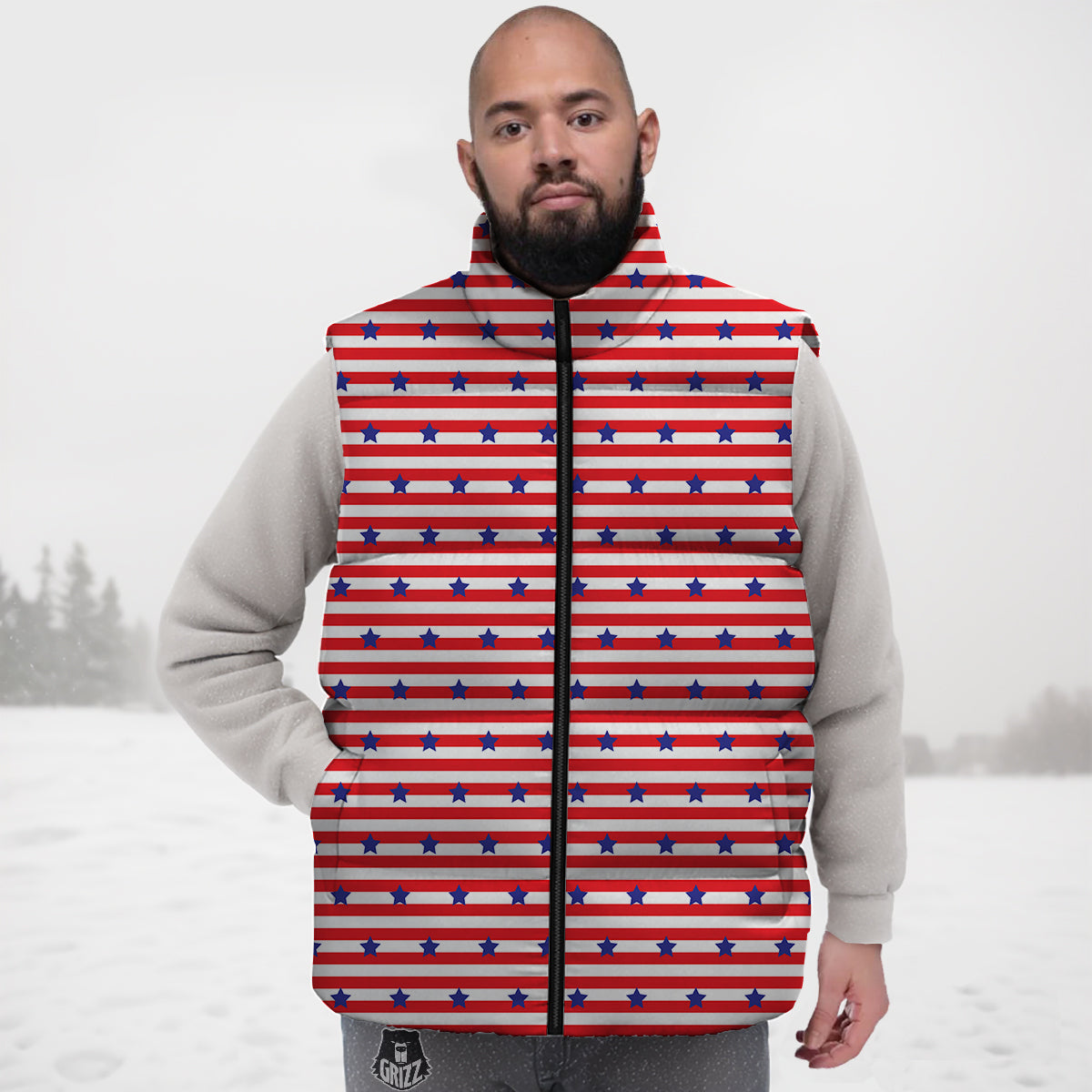 Striped U S A Patriotic Print Pattern Down Vest