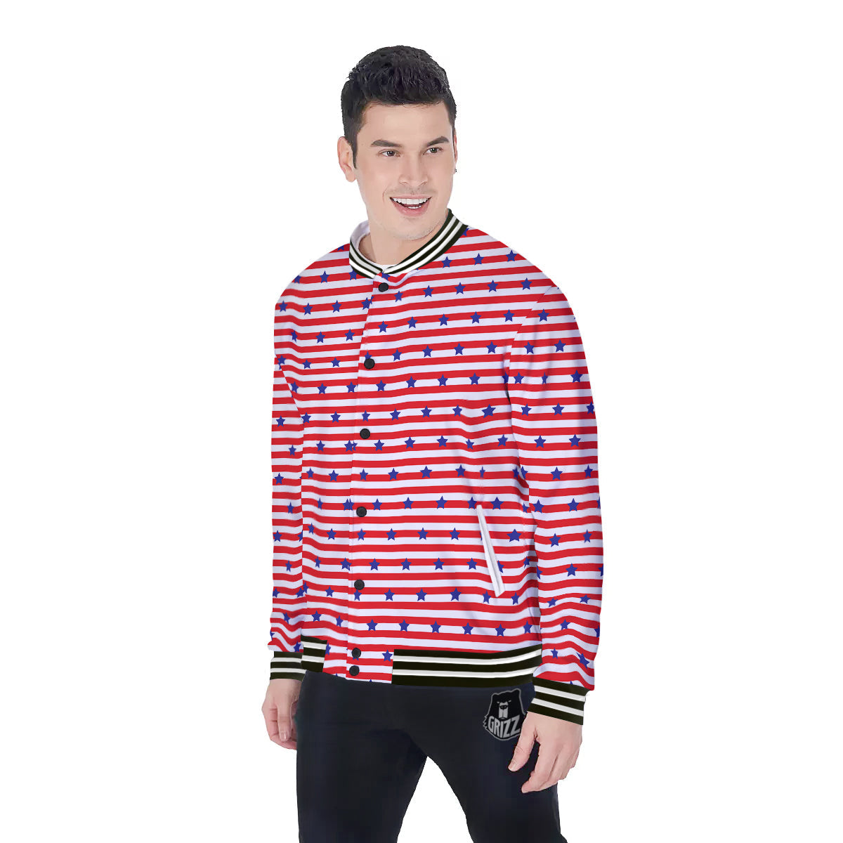 Striped USA Patriotic Print Pattern Baseball Jacket-grizzshop