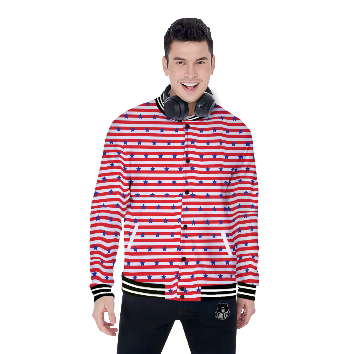 Striped USA Patriotic Print Pattern Baseball Jacket-grizzshop