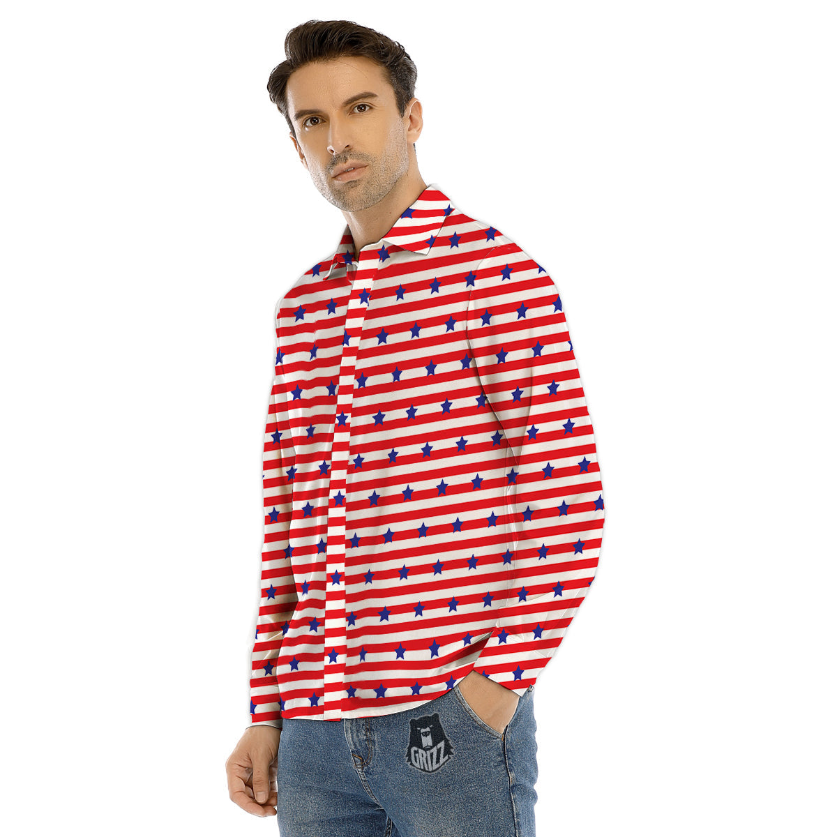 Striped USA Patriotic Print Pattern Men's Dress Shirts-grizzshop