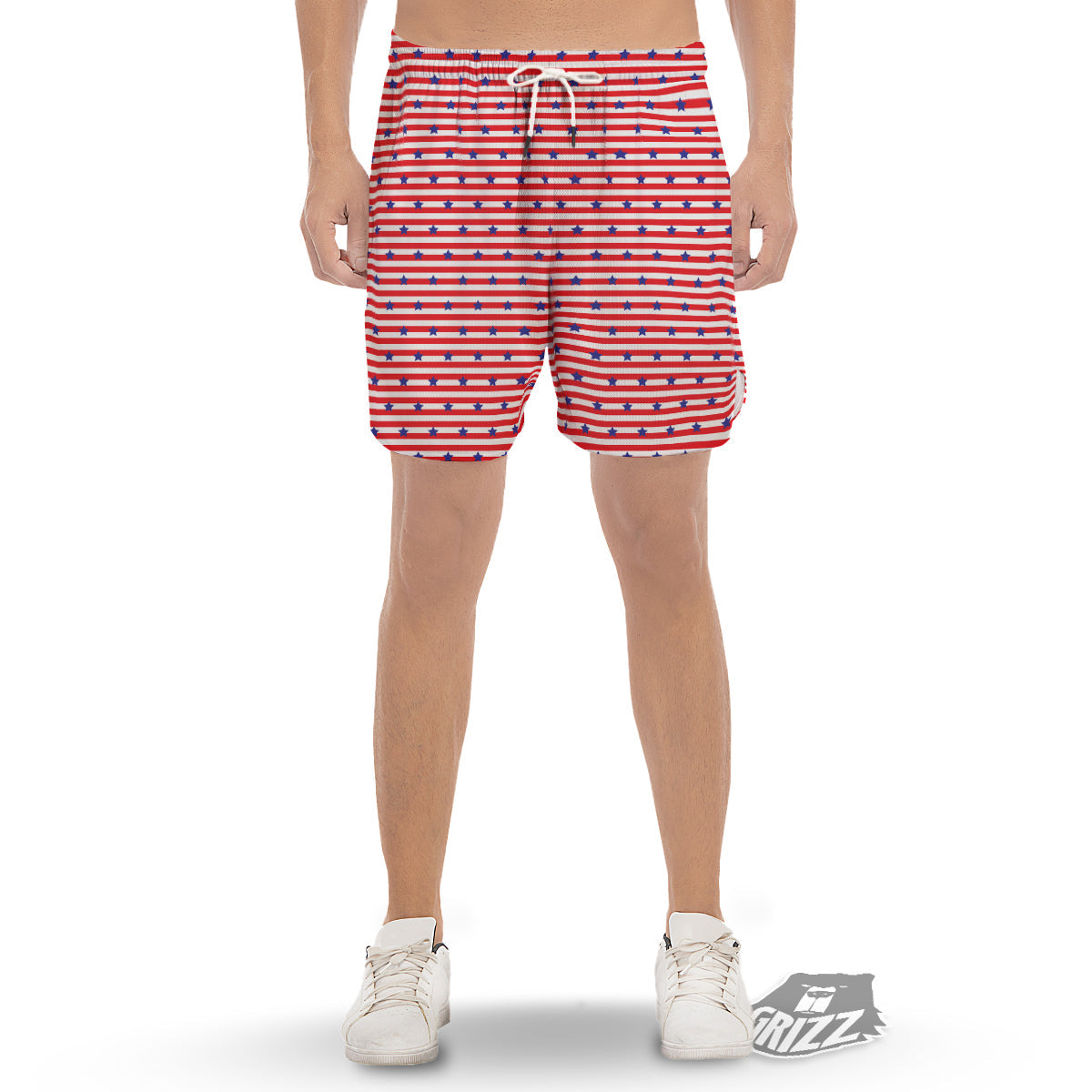 Striped USA Patriotic Print Pattern Men's Gym Shorts-grizzshop