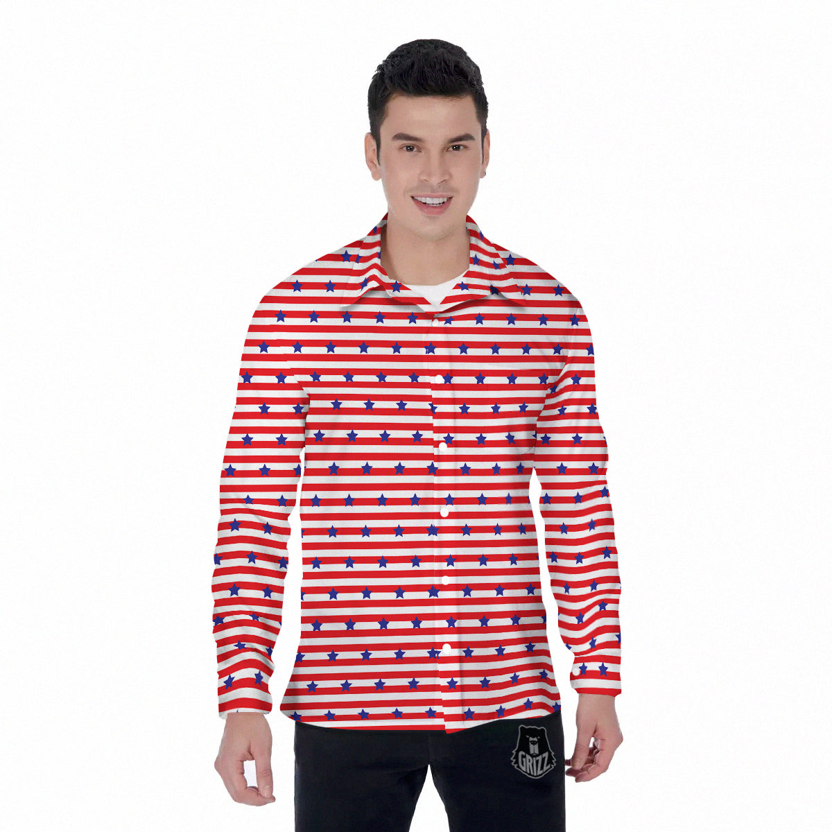 Striped USA Patriotic Print Pattern Men's Long Sleeve Shirts-grizzshop