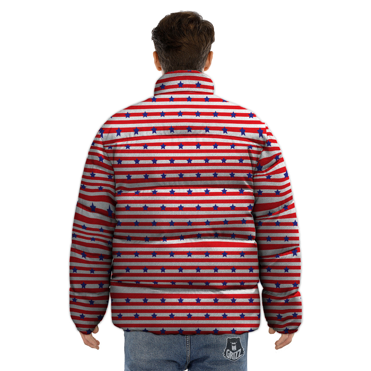 Striped USA Patriotic Print Pattern Puffer Jacket-grizzshop