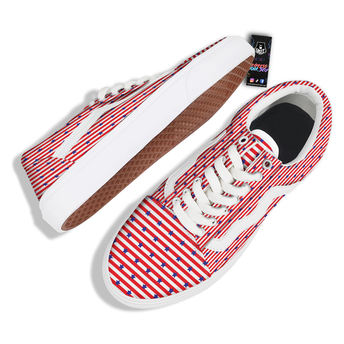 Striped USA Patriotic Print Pattern Skate Shoes-grizzshop