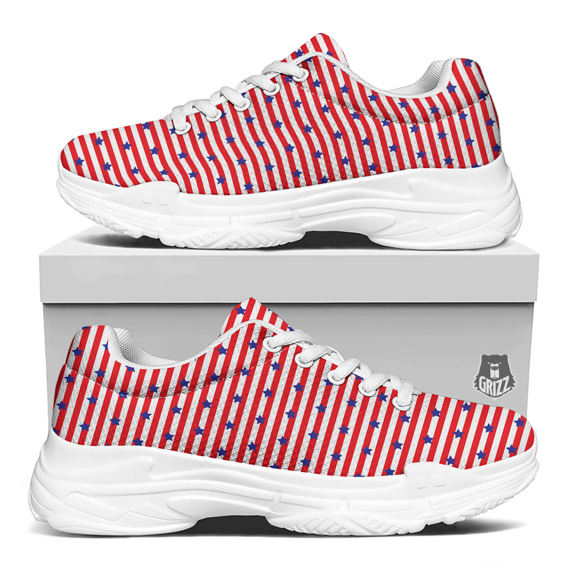 Striped USA Patriotic Print Pattern White Chunky Shoes-grizzshop