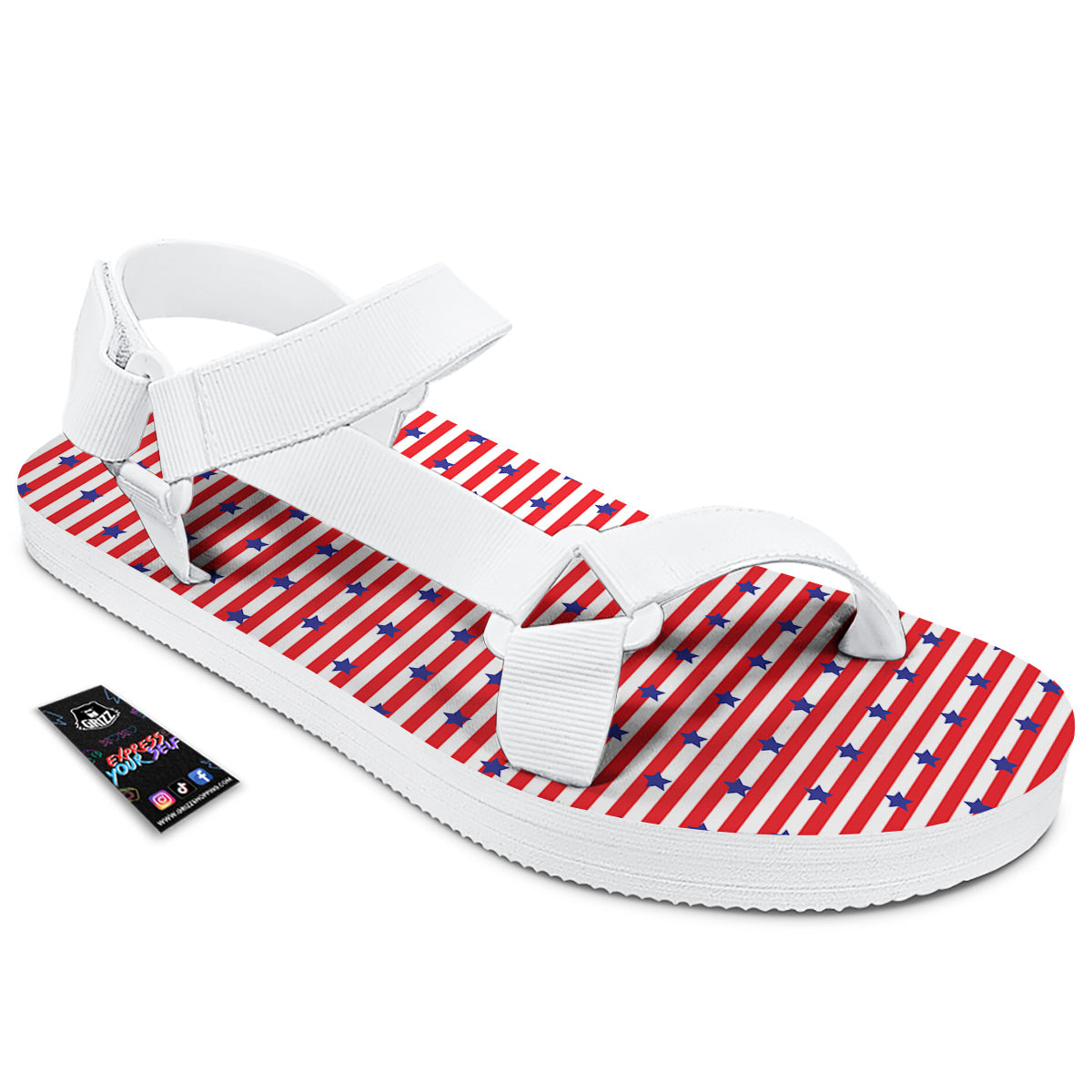 Striped USA Patriotic Print Pattern White Open Toe Sandals-grizzshop