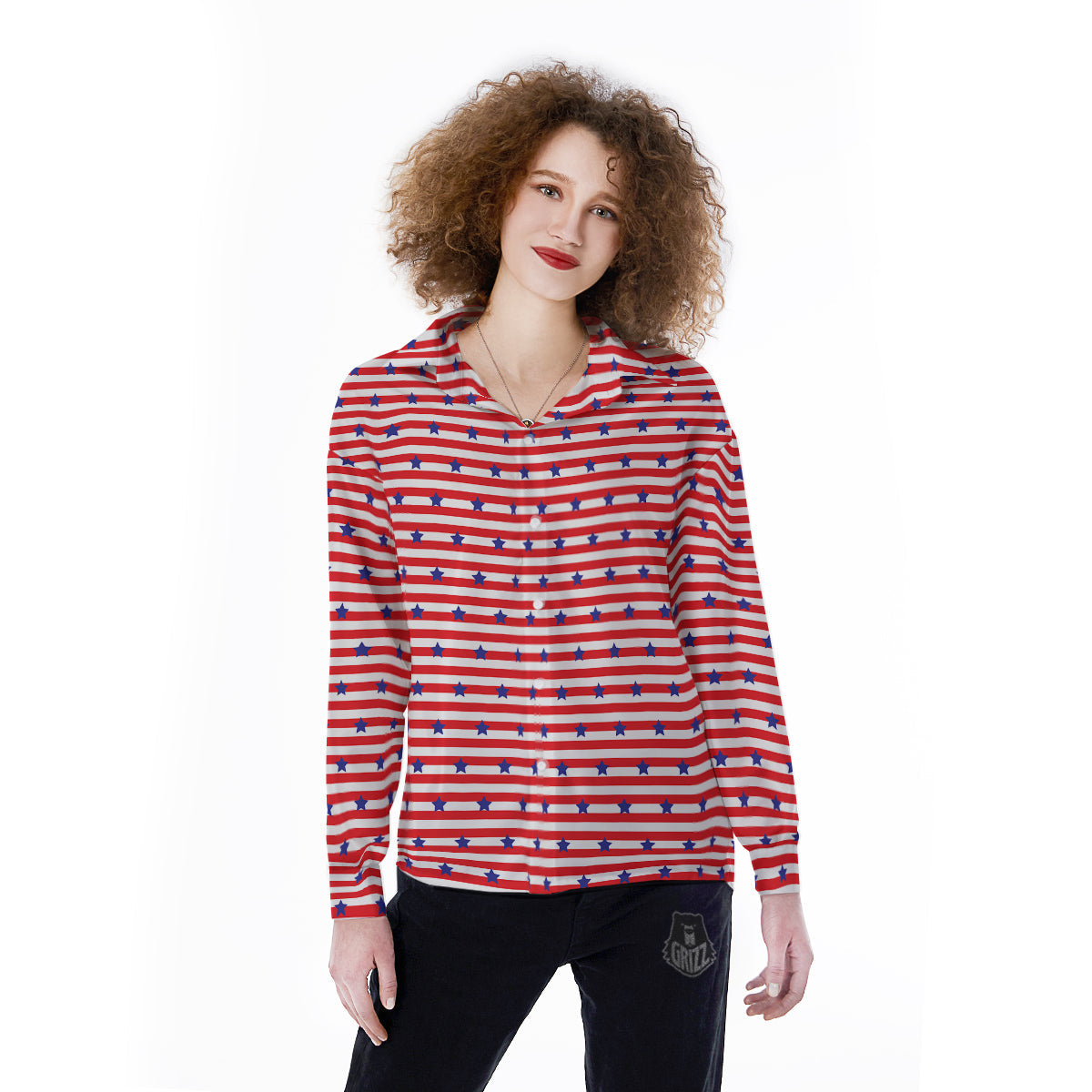 Striped USA Patriotic Print Pattern Women's Long Sleeve Shirts-grizzshop