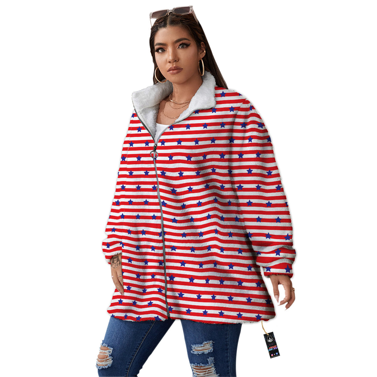 Striped USA Patriotic Print Pattern Women's Sherpa Jacket-grizzshop