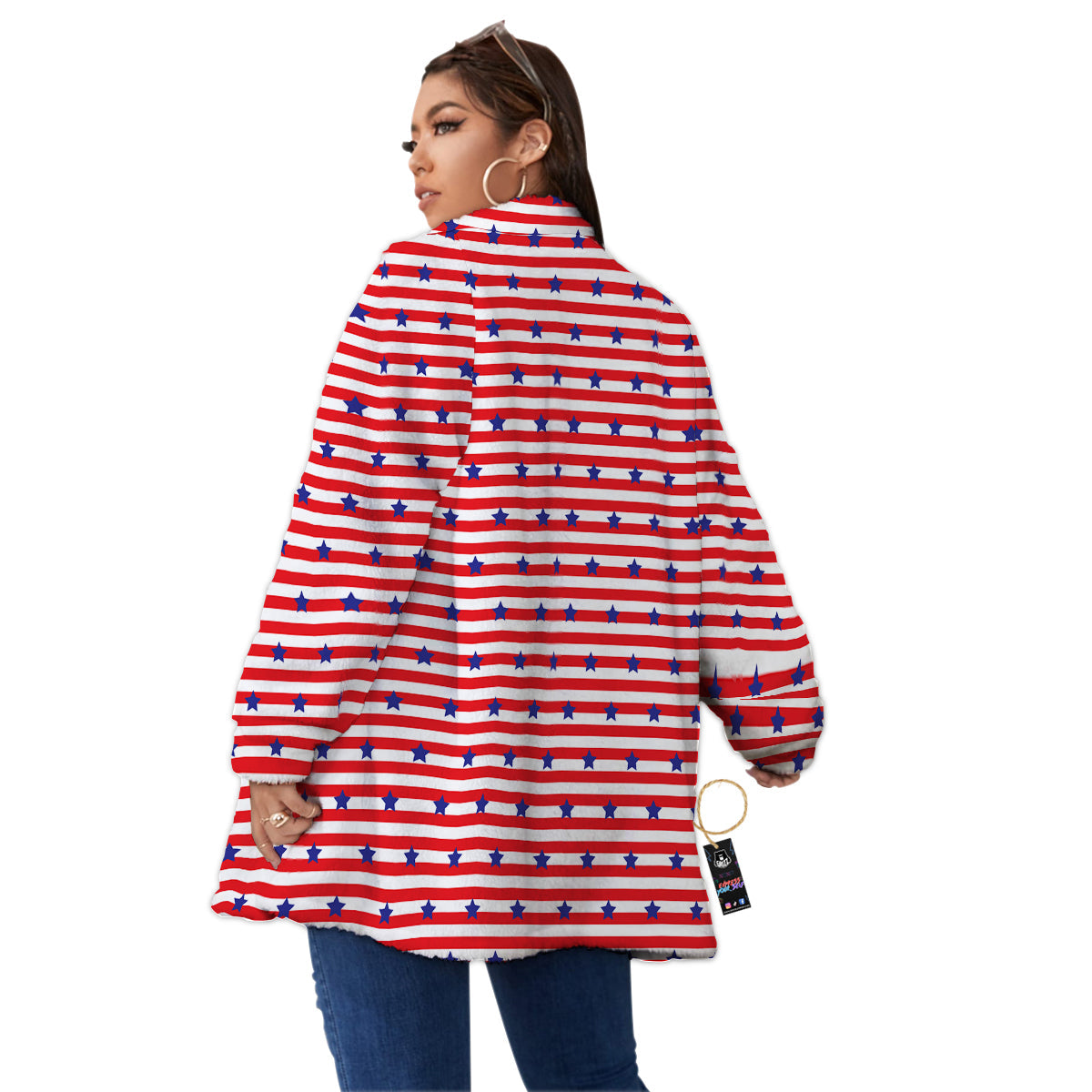 Striped USA Patriotic Print Pattern Women's Sherpa Jacket-grizzshop