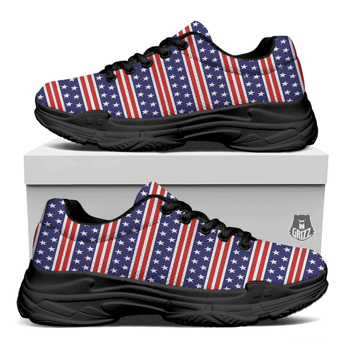 Striped USA Print Pattern Black Chunky Shoes-grizzshop