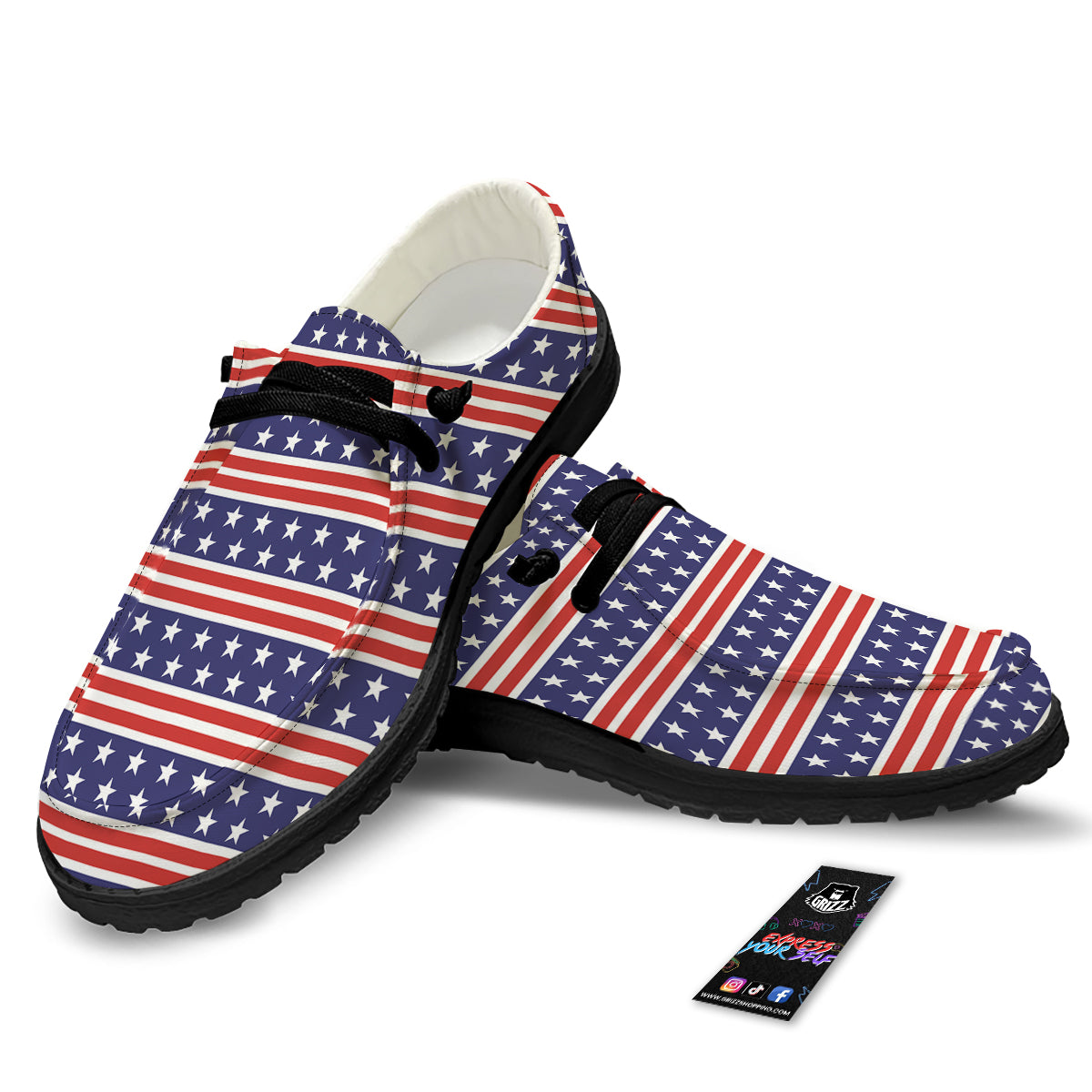 Striped USA Print Pattern Black Loafers-grizzshop