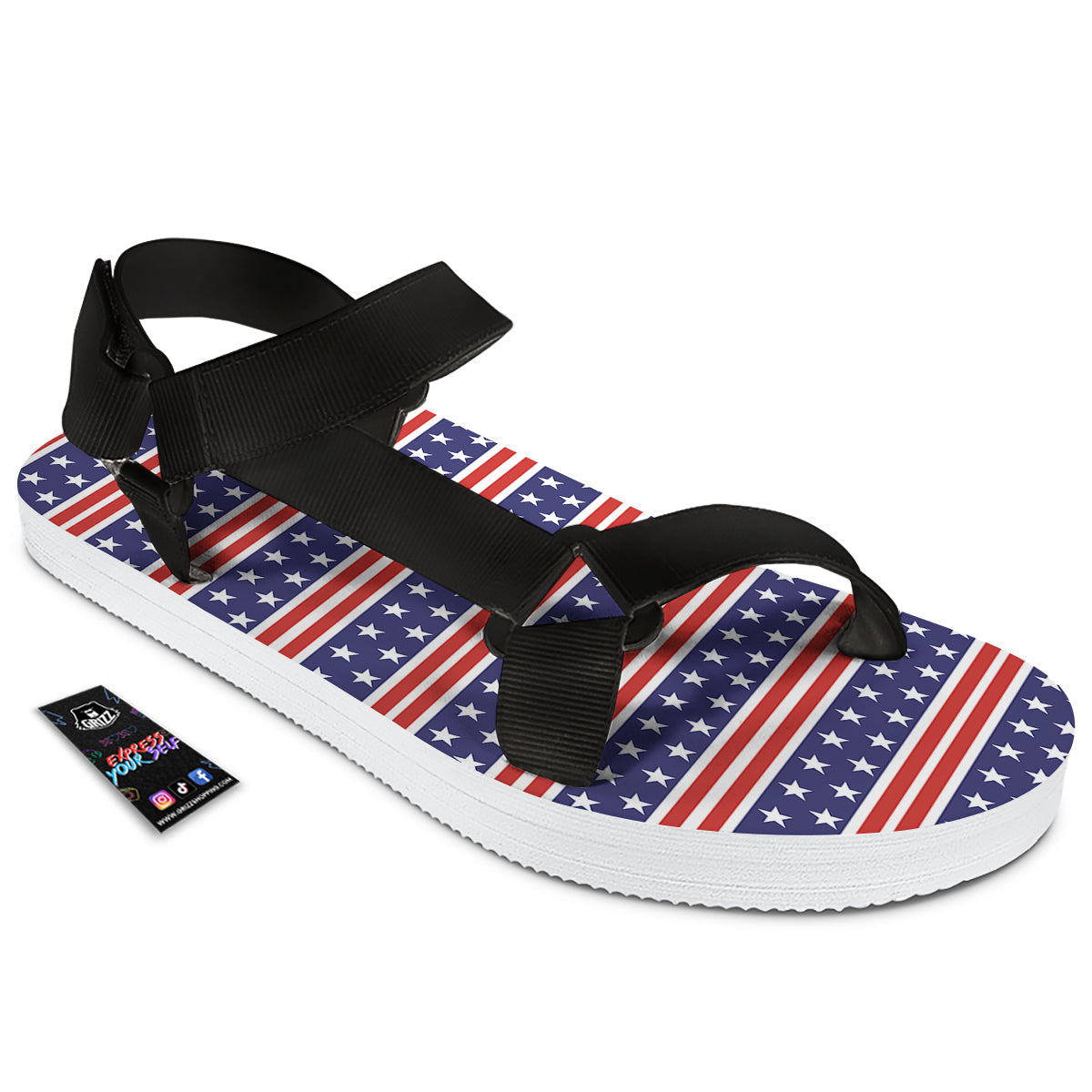 Striped USA Print Pattern Black Open Toe Sandals-grizzshop