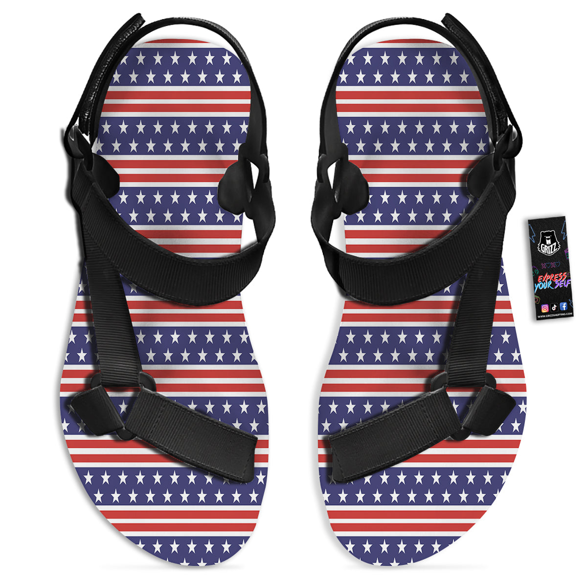 Striped USA Print Pattern Black Open Toe Sandals-grizzshop