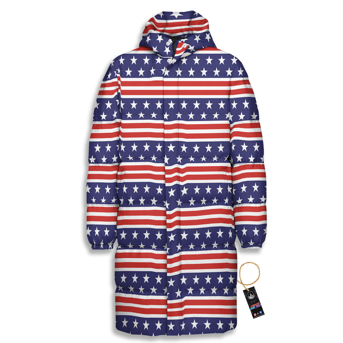 Striped USA Print Pattern Long Down Jacket-grizzshop