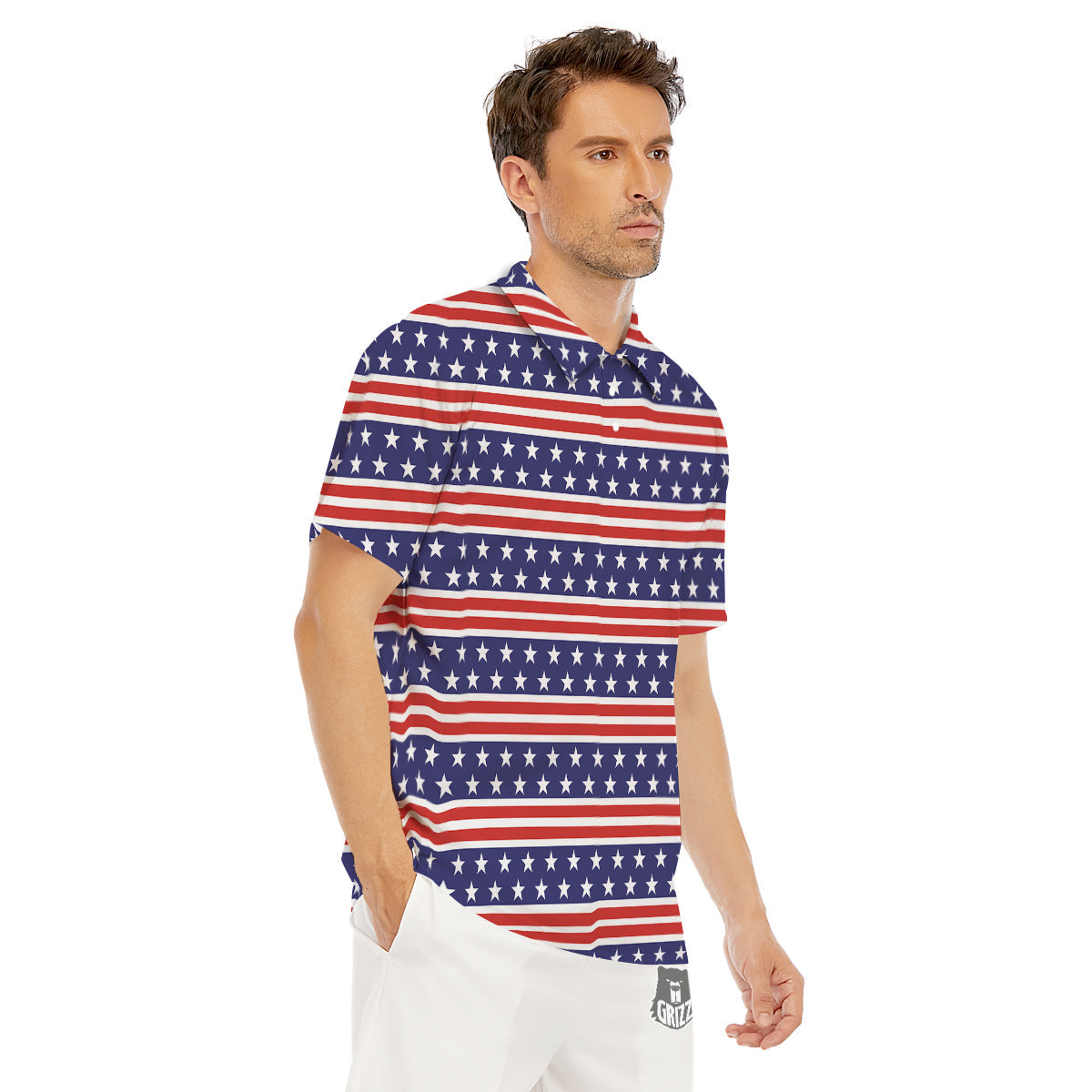 Striped USA Print Pattern Men's Golf Shirts-grizzshop