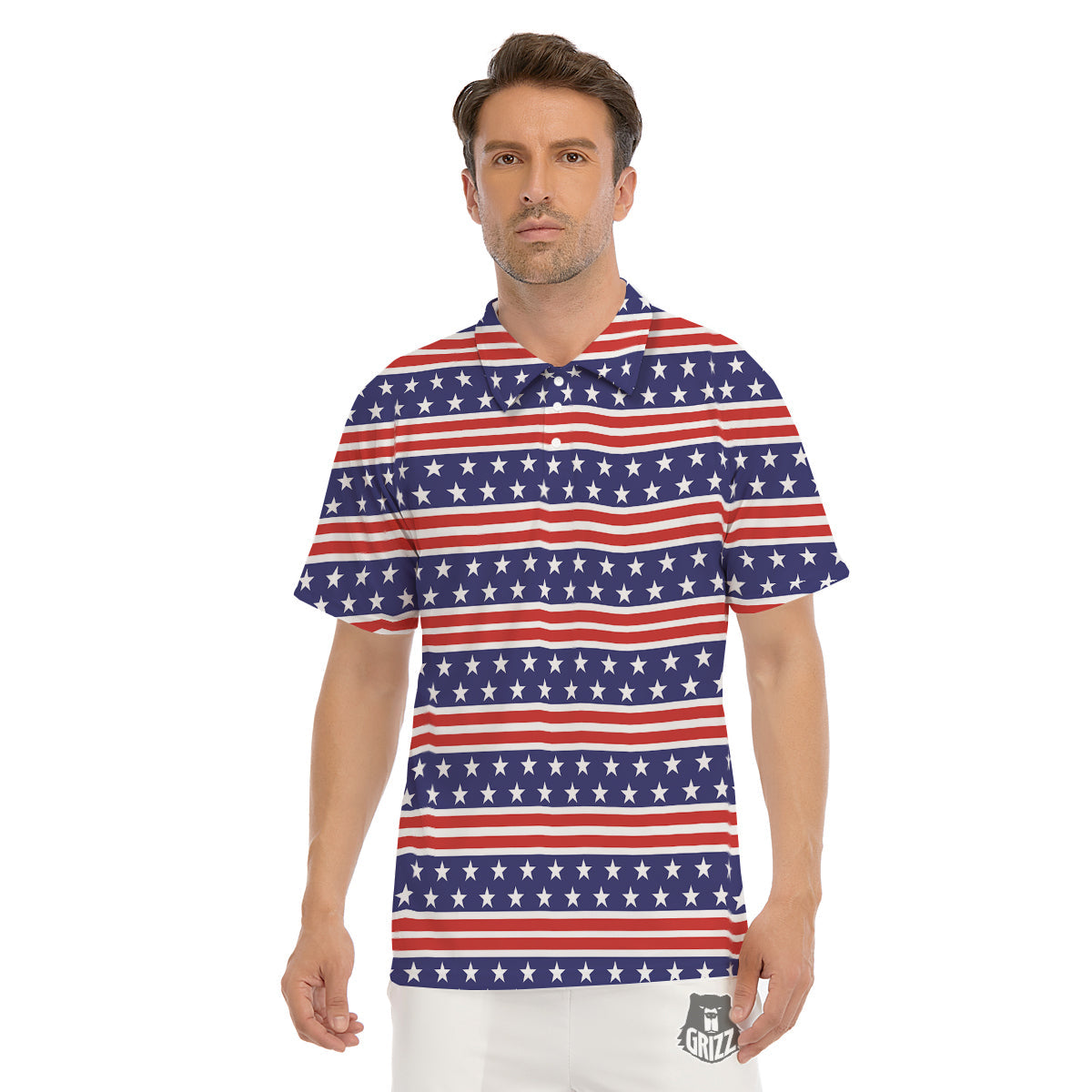 Striped USA Print Pattern Men's Golf Shirts-grizzshop