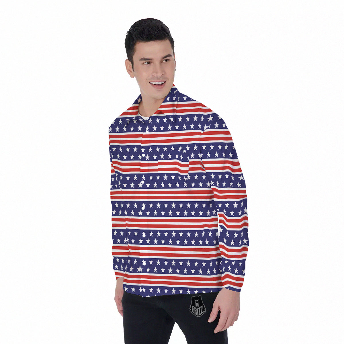 Striped USA Print Pattern Men's Long Sleeve Shirts-grizzshop