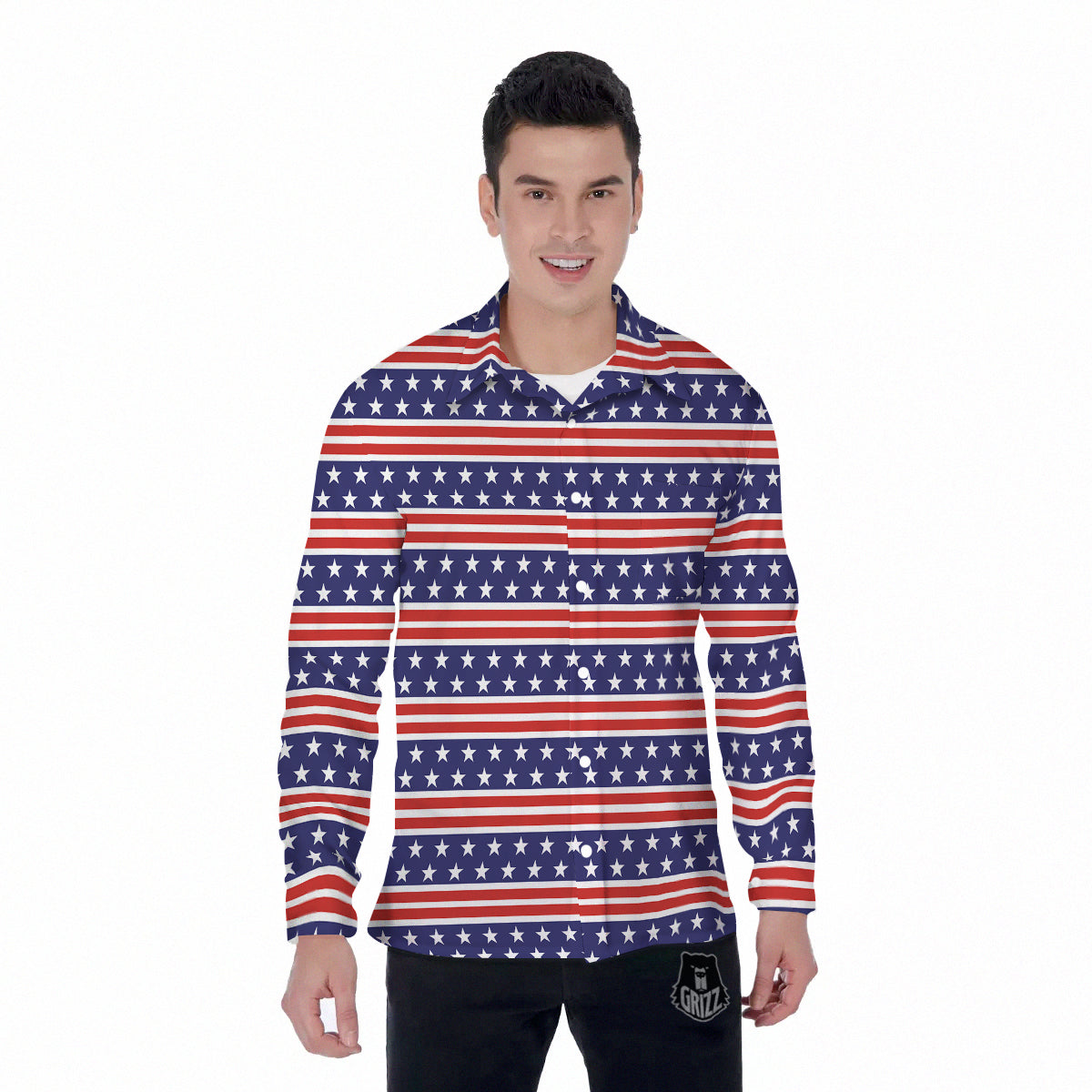 Striped USA Print Pattern Men's Long Sleeve Shirts-grizzshop