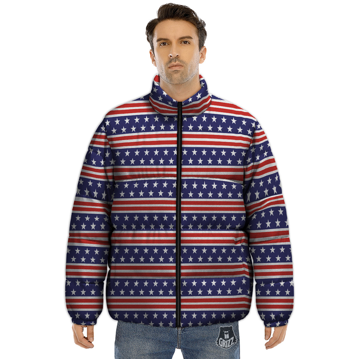 Striped USA Print Pattern Puffer Jacket-grizzshop