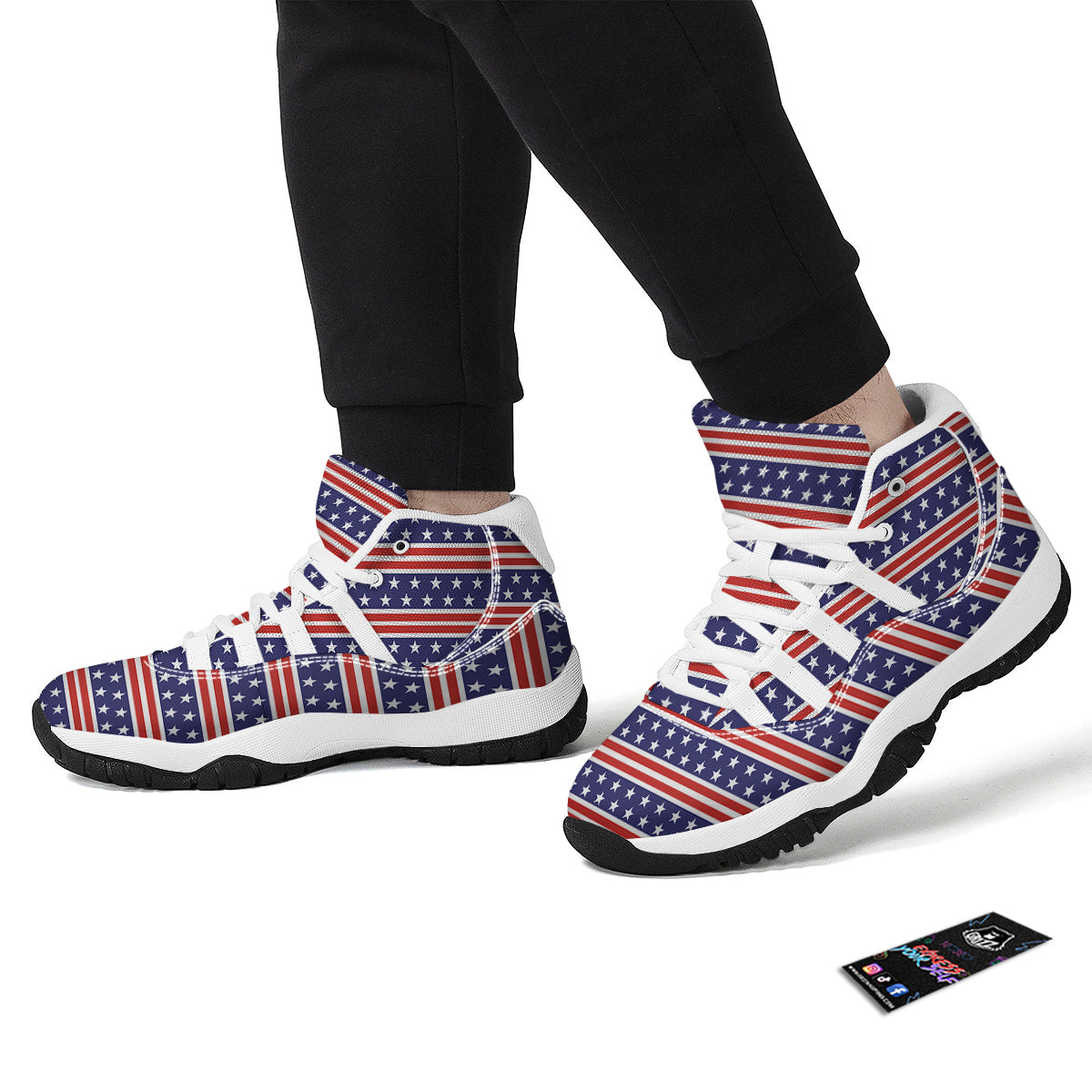 Striped USA Print Pattern White Bball Shoes-grizzshop