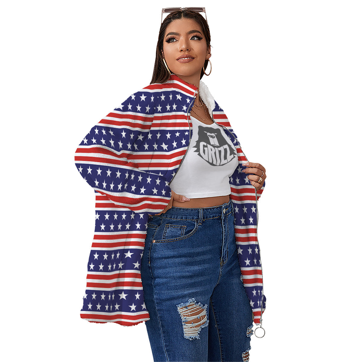 Striped USA Print Pattern Women's Sherpa Jacket-grizzshop