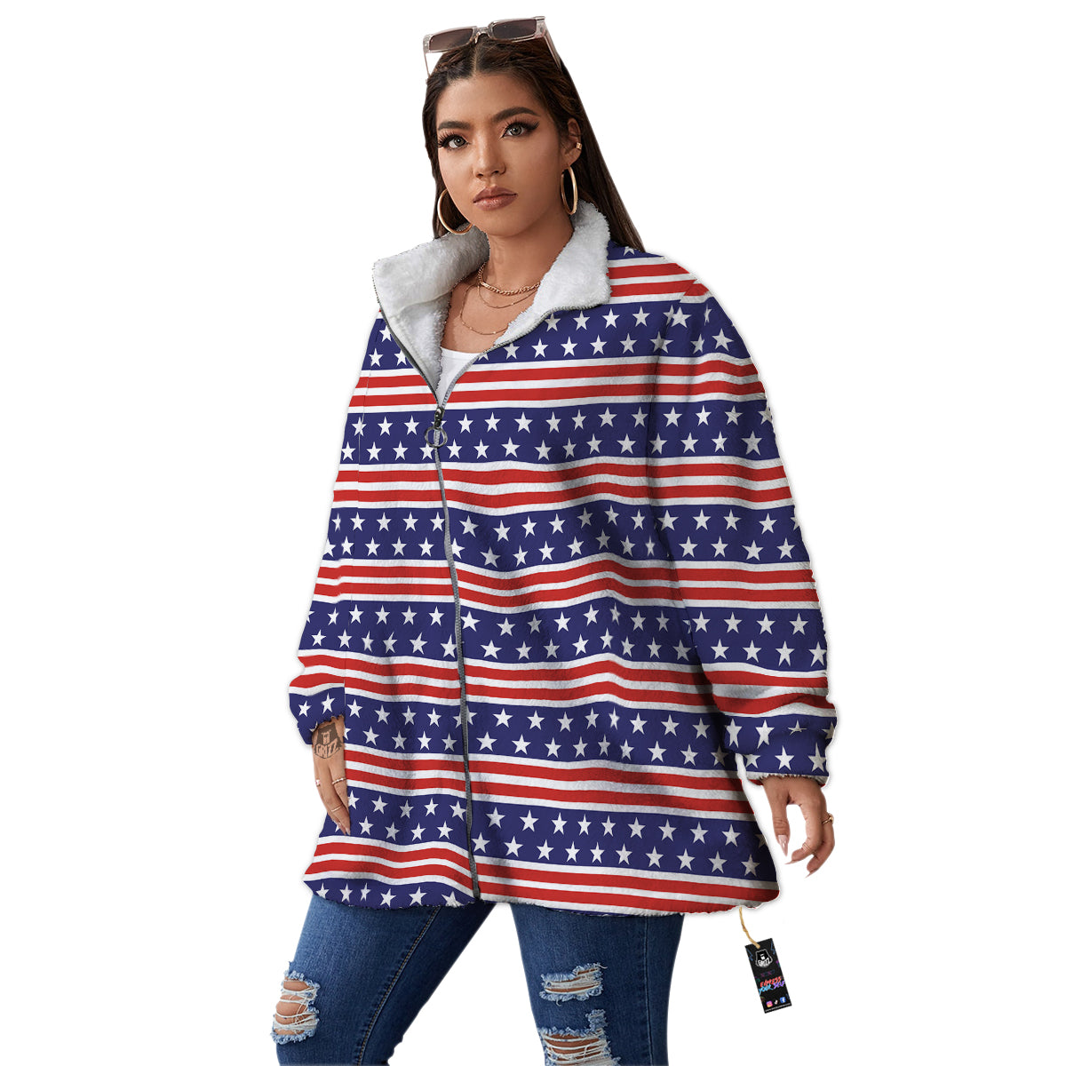 Striped USA Print Pattern Women's Sherpa Jacket-grizzshop