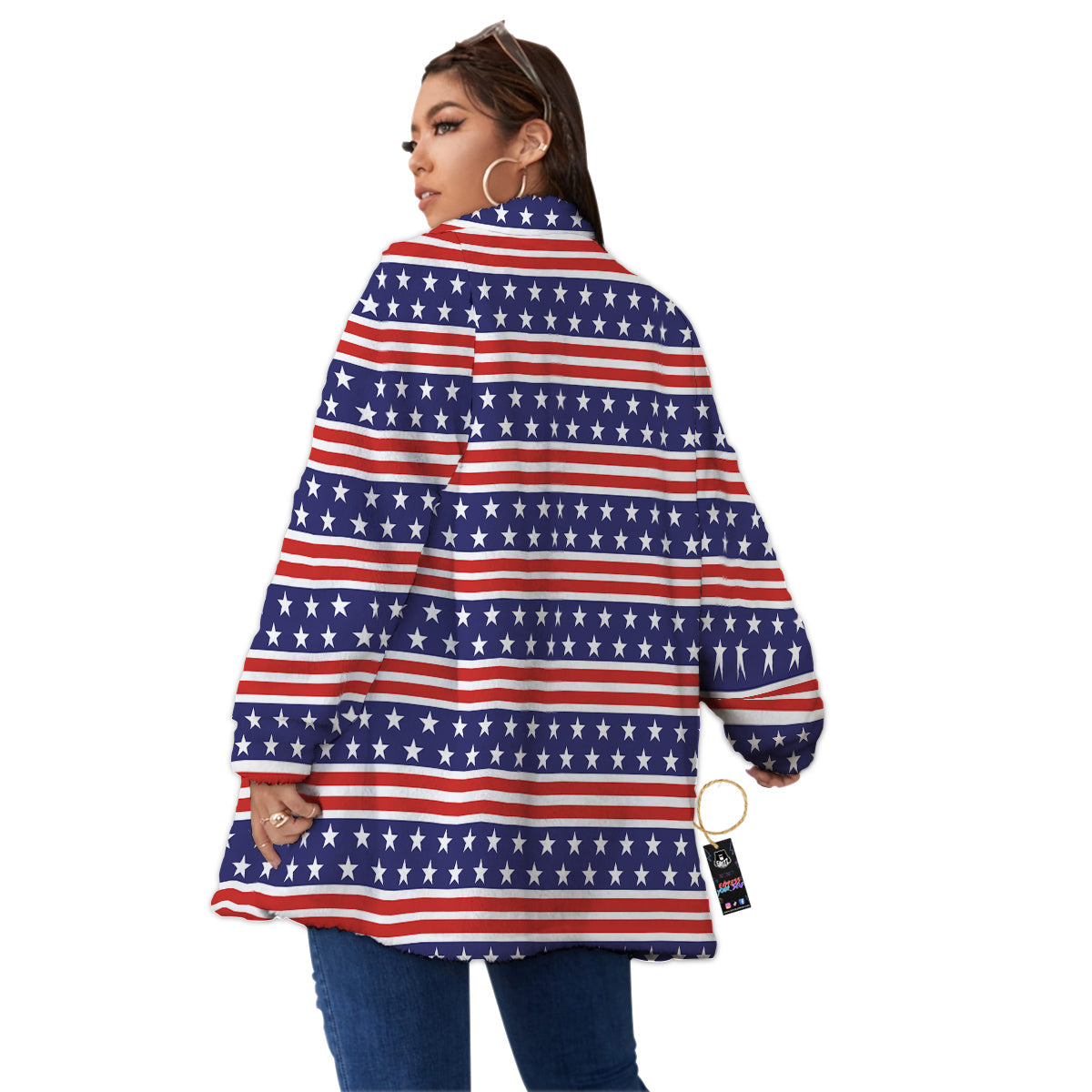 Striped USA Print Pattern Women's Sherpa Jacket-grizzshop