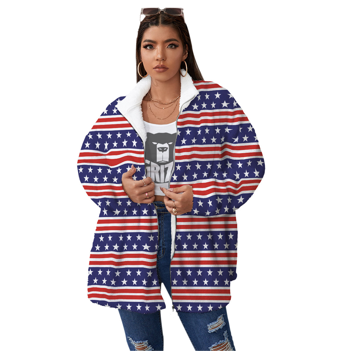 Striped USA Print Pattern Women's Sherpa Jacket-grizzshop