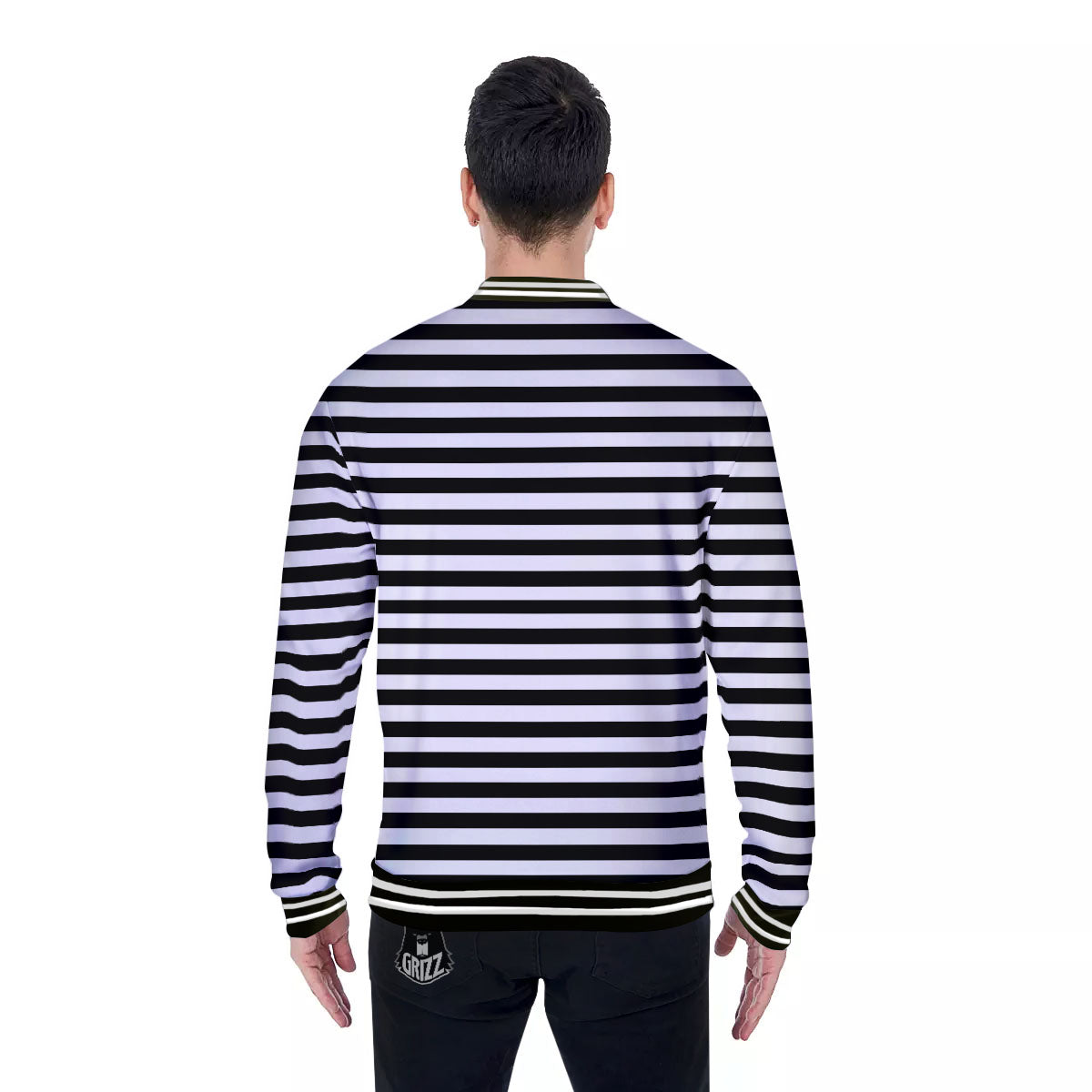 Striped White And Black Print Pattern Baseball Jacket-grizzshop