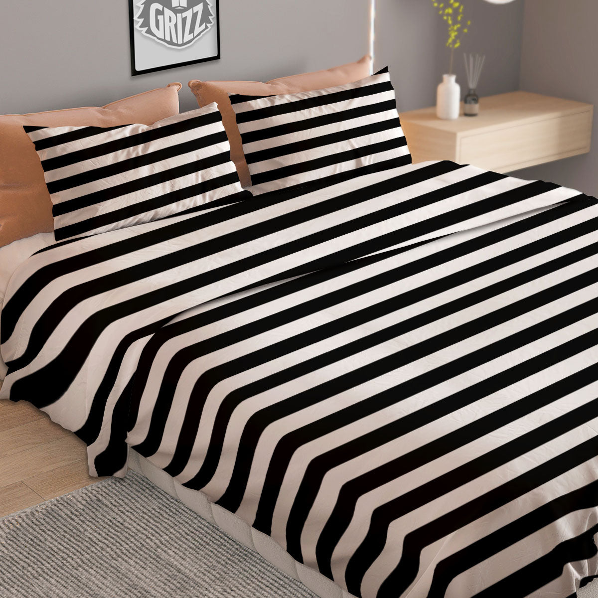 Striped White And Black Print Pattern Duvet Cover Bedding Set