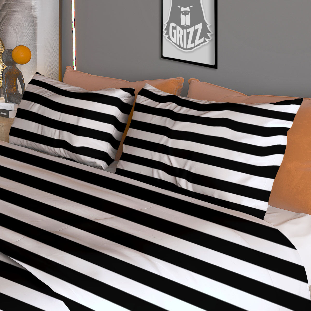 Striped White And Black Print Pattern Duvet Cover Bedding Set