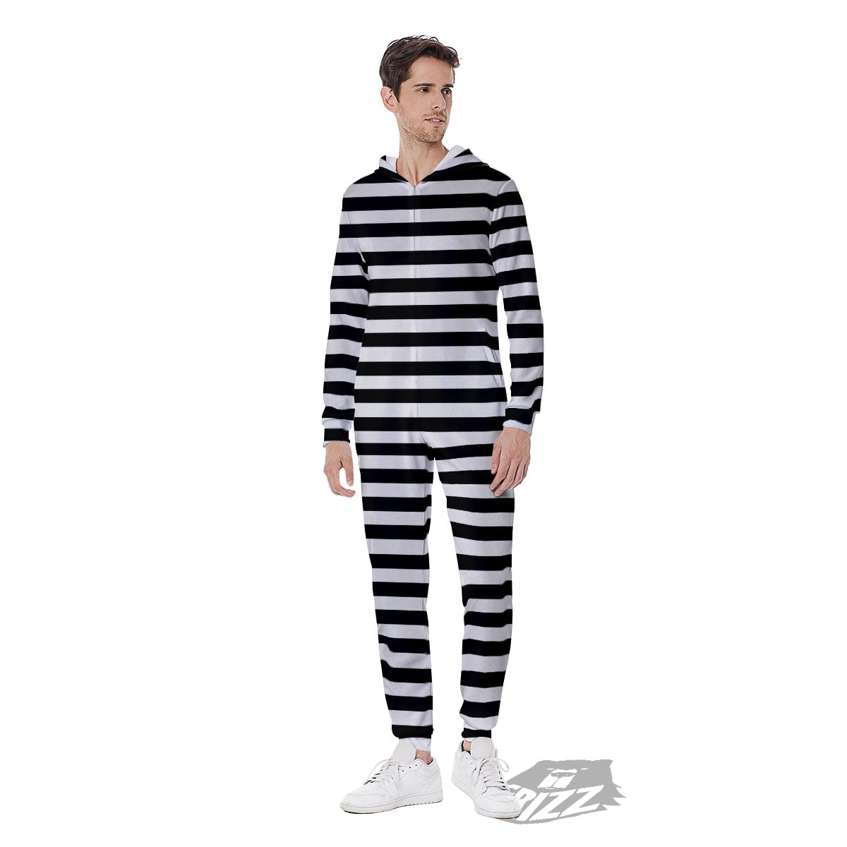 Striped White And Black Print Pattern Men's Jumpsuit-grizzshop