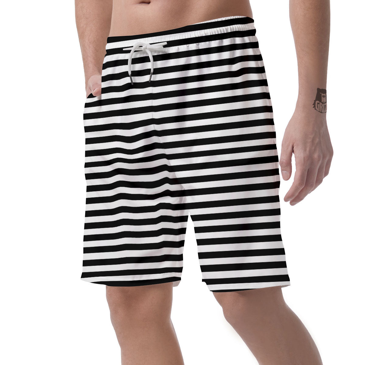 Striped White And Black Print Pattern Men's Shorts-grizzshop