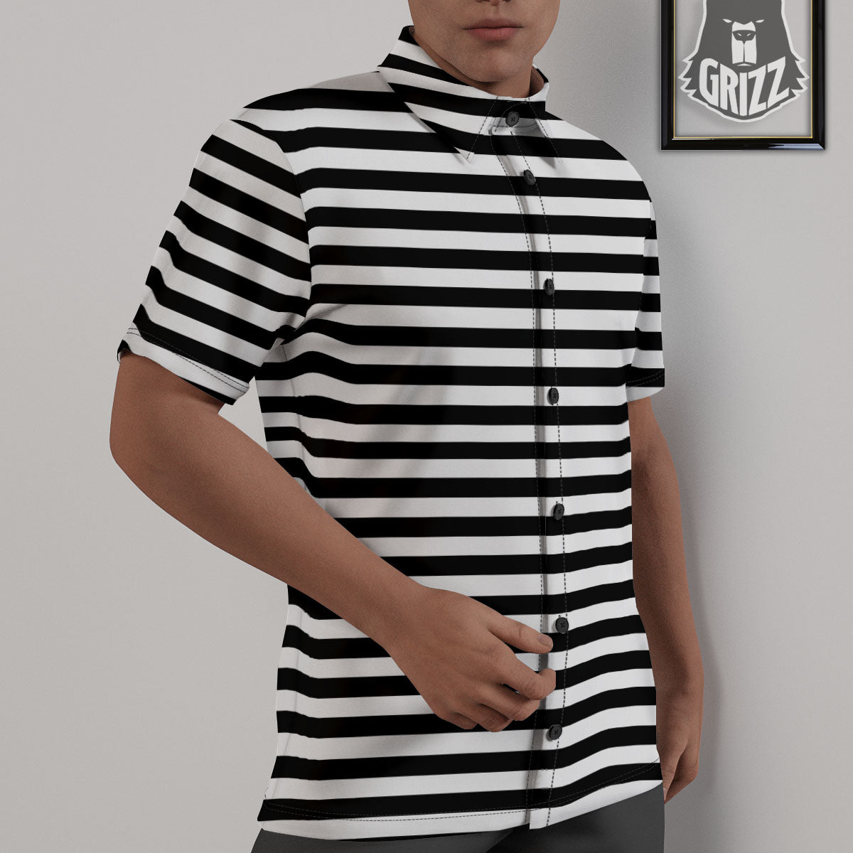 Striped White And Black Print Pattern Untucked Shirts-grizzshop