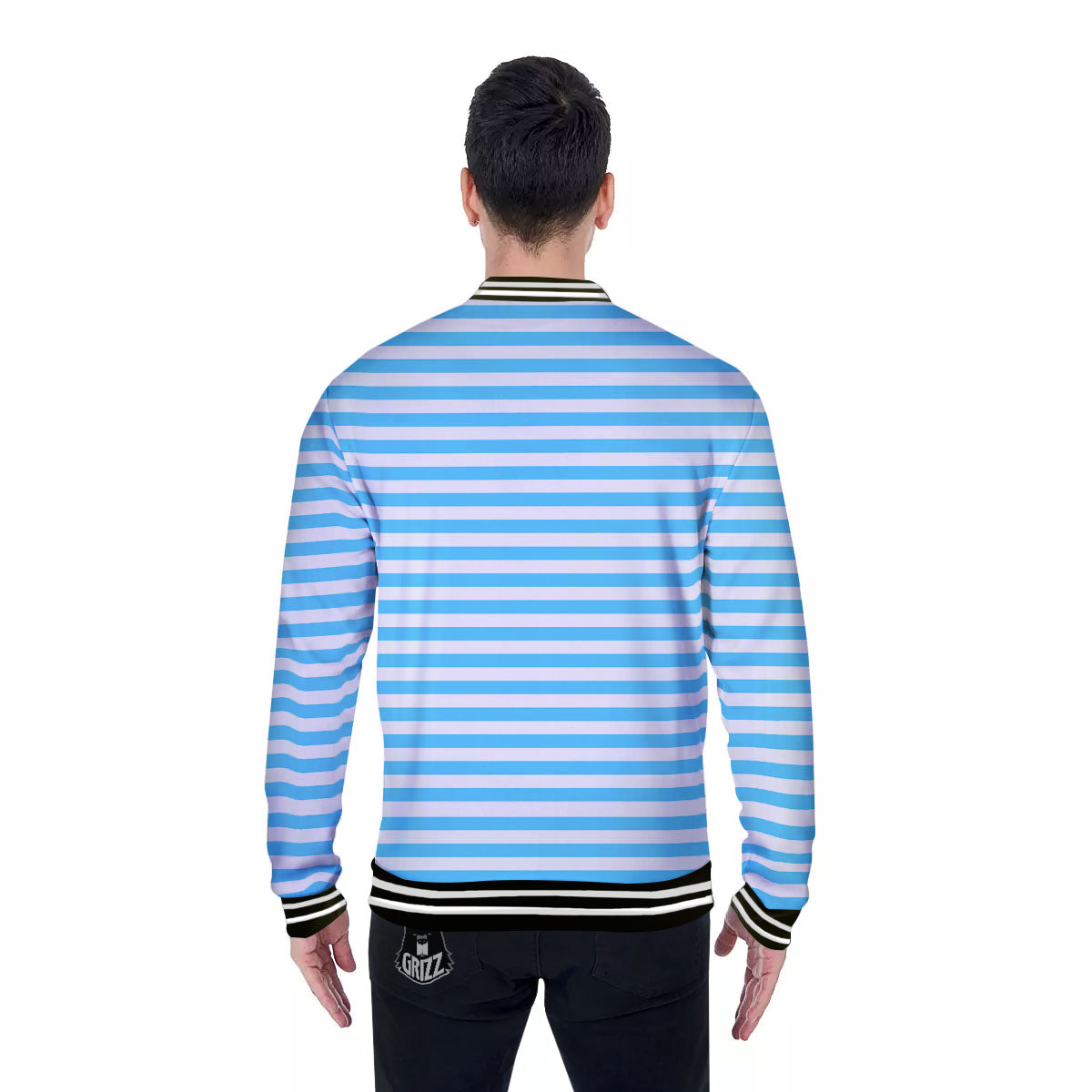 Striped White And Blue Print Pattern Baseball Jacket-grizzshop