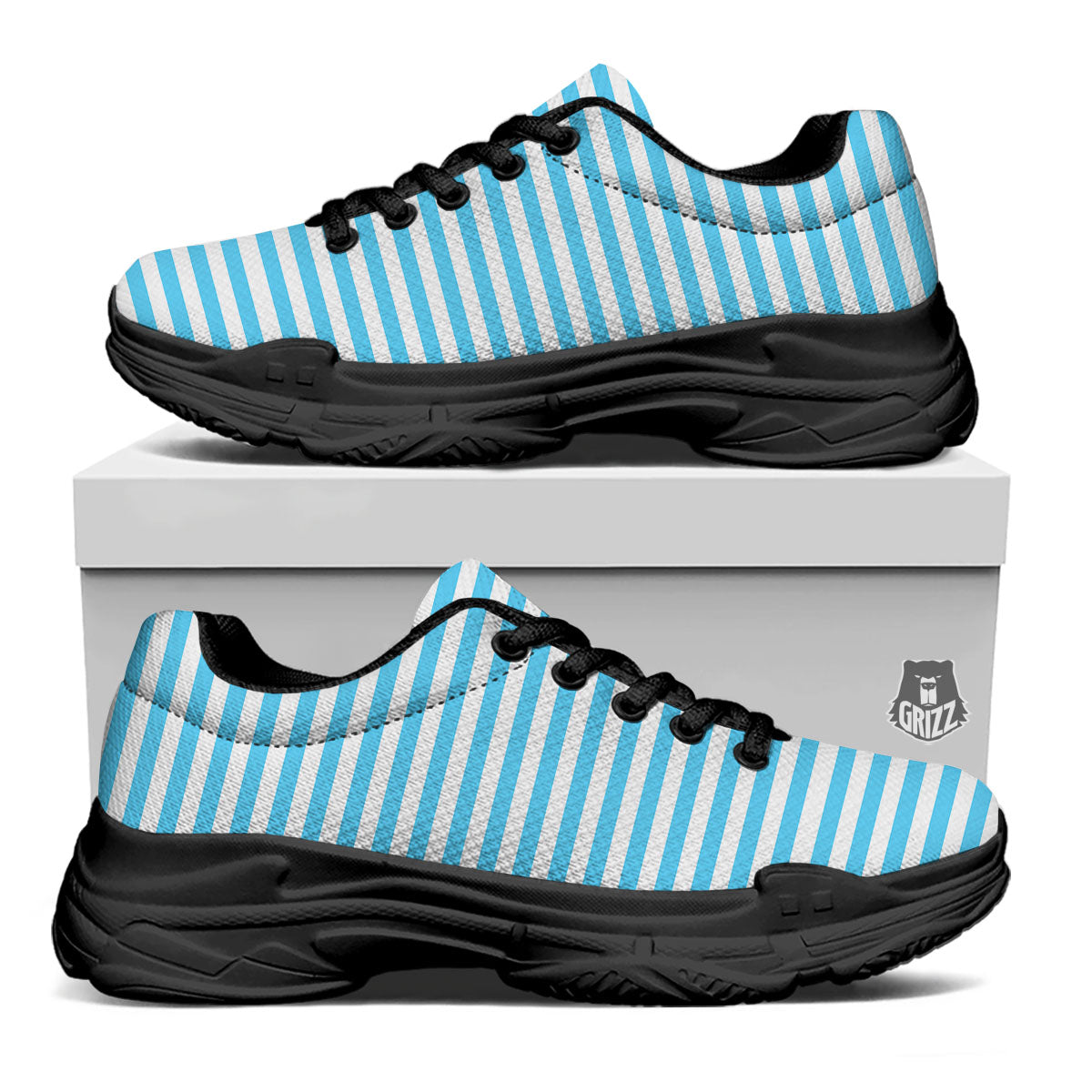 Striped White And Blue Print Pattern Black Chunky Shoes-grizzshop