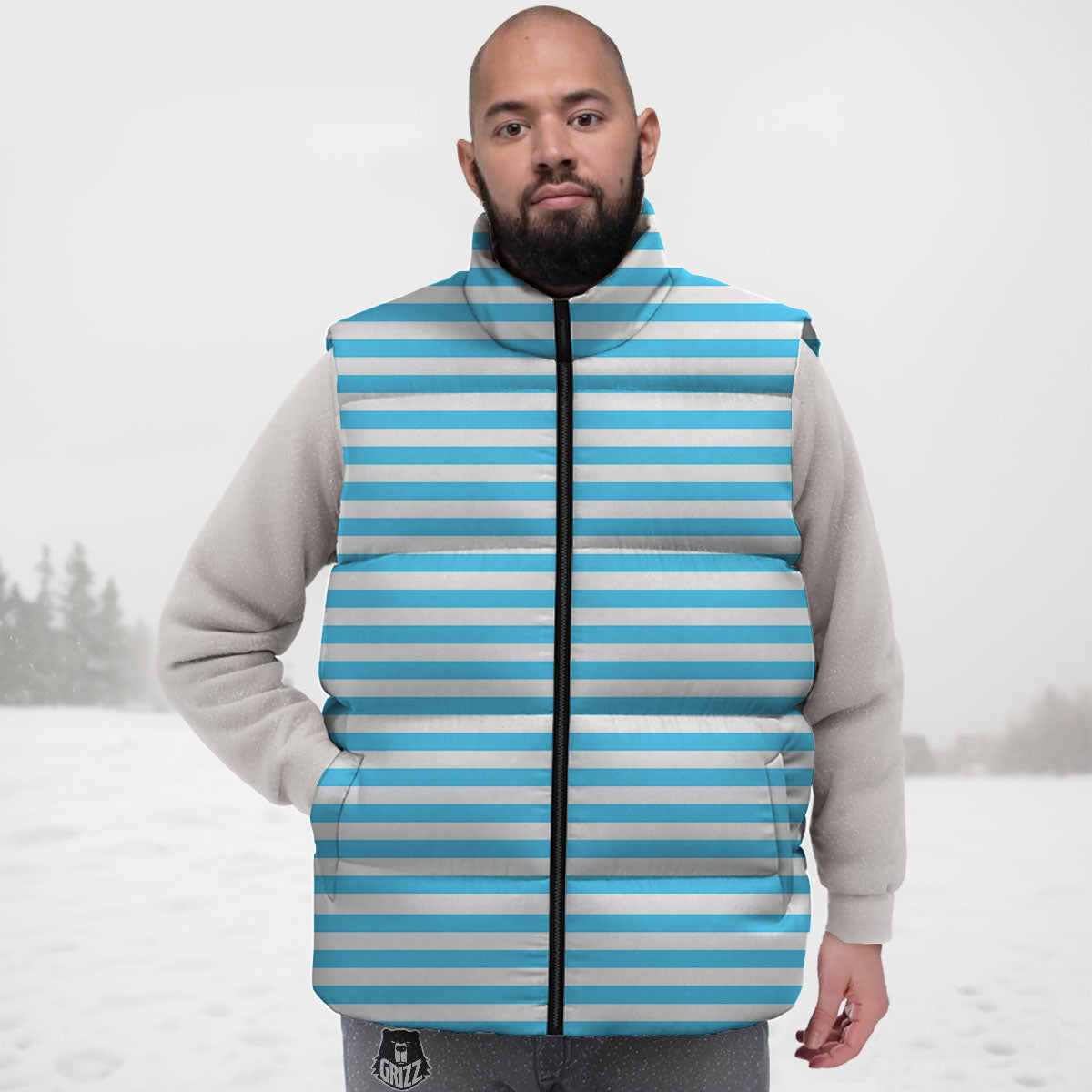 Striped White And Blue Print Pattern Down Vest