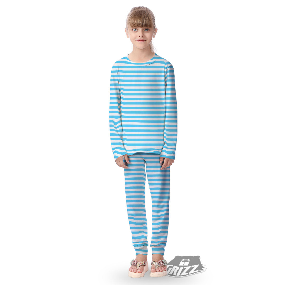 Striped White And Blue Print Pattern Kid's Pajamas-grizzshop