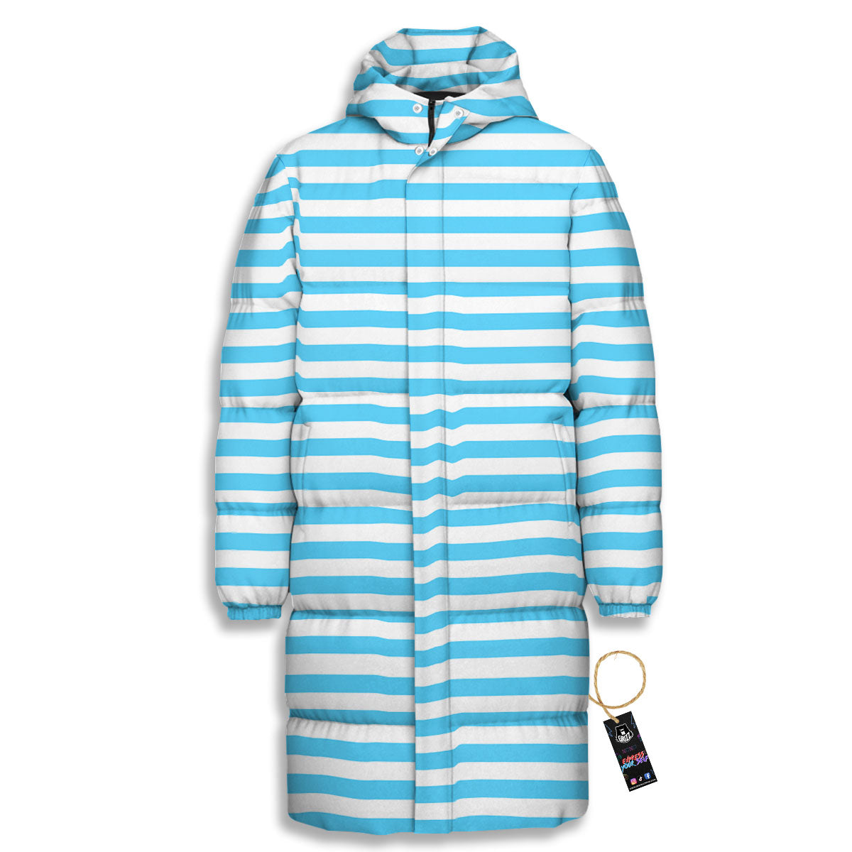 Striped White And Blue Print Pattern Long Down Jacket-grizzshop