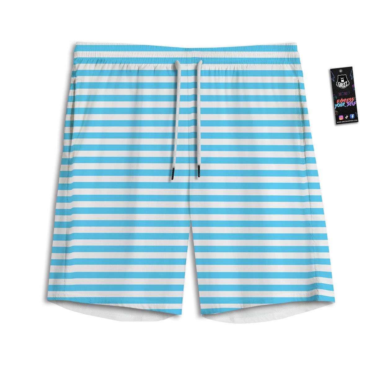 Striped White And Blue Print Pattern Men's Athletic Shorts
