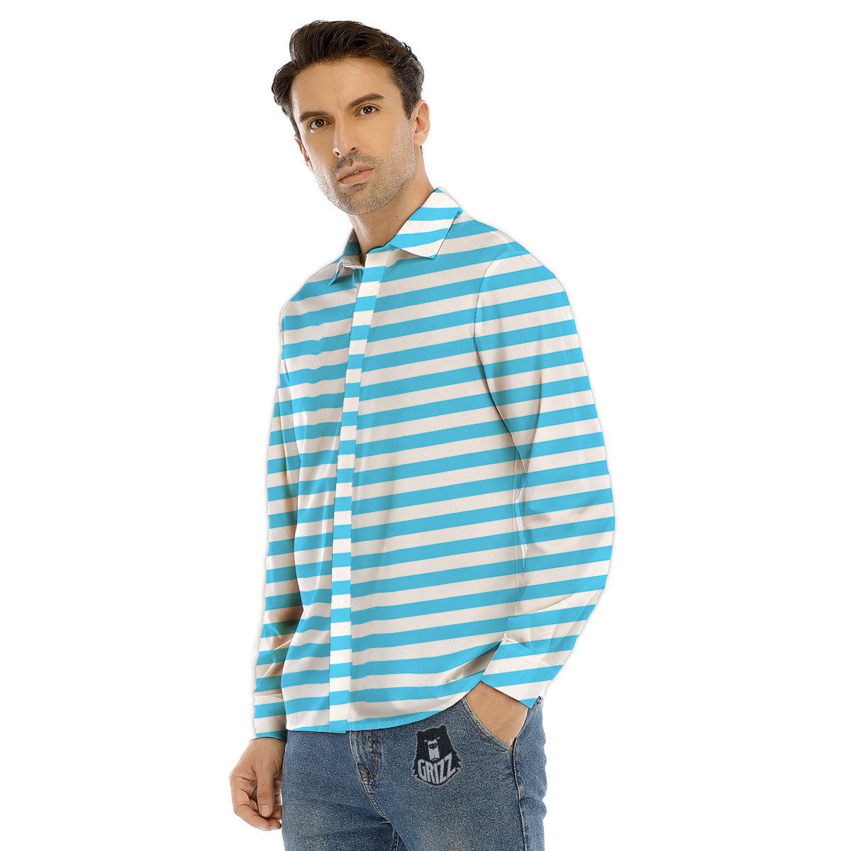 Striped White And Blue Print Pattern Men's Dress Shirts-grizzshop