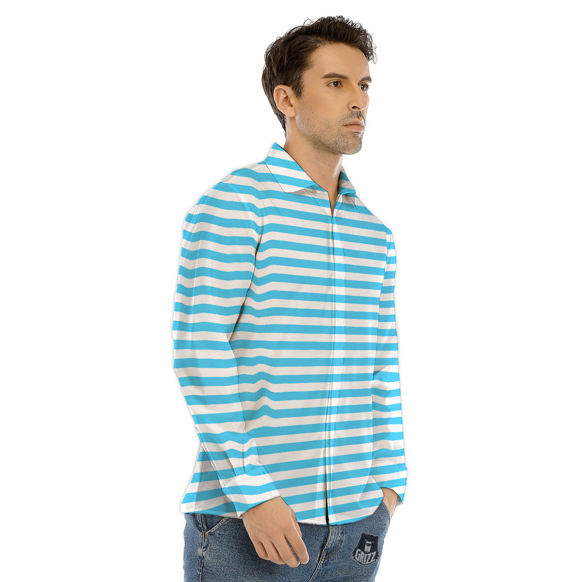 Striped White And Blue Print Pattern Men's Dress Shirts-grizzshop