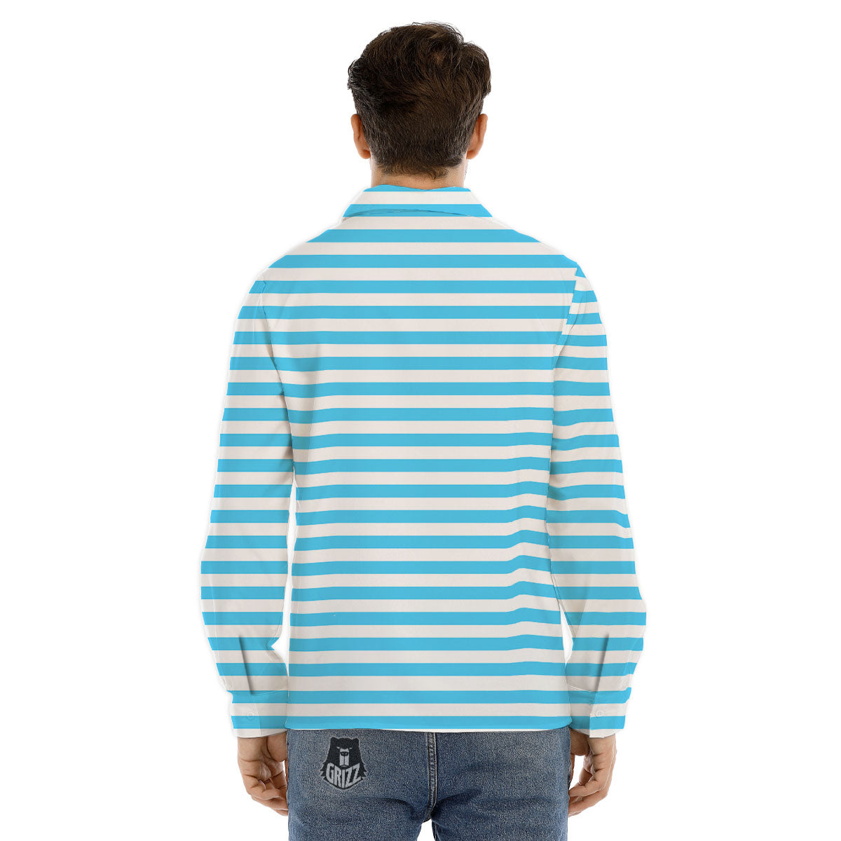 Striped White And Blue Print Pattern Men's Dress Shirts-grizzshop