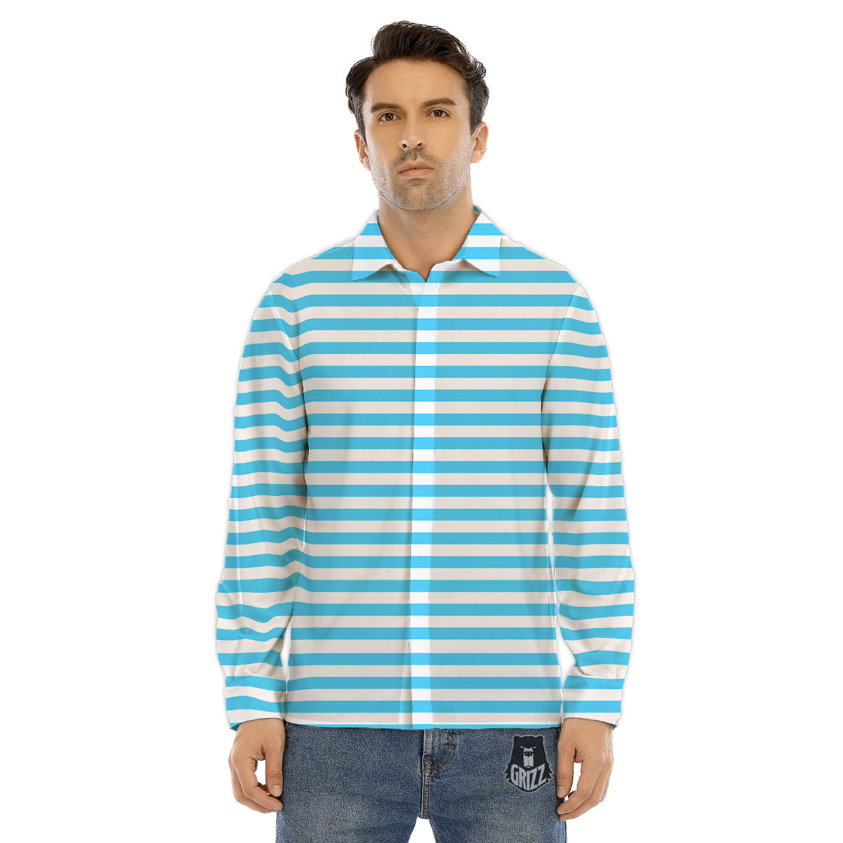 Striped White And Blue Print Pattern Men's Dress Shirts-grizzshop