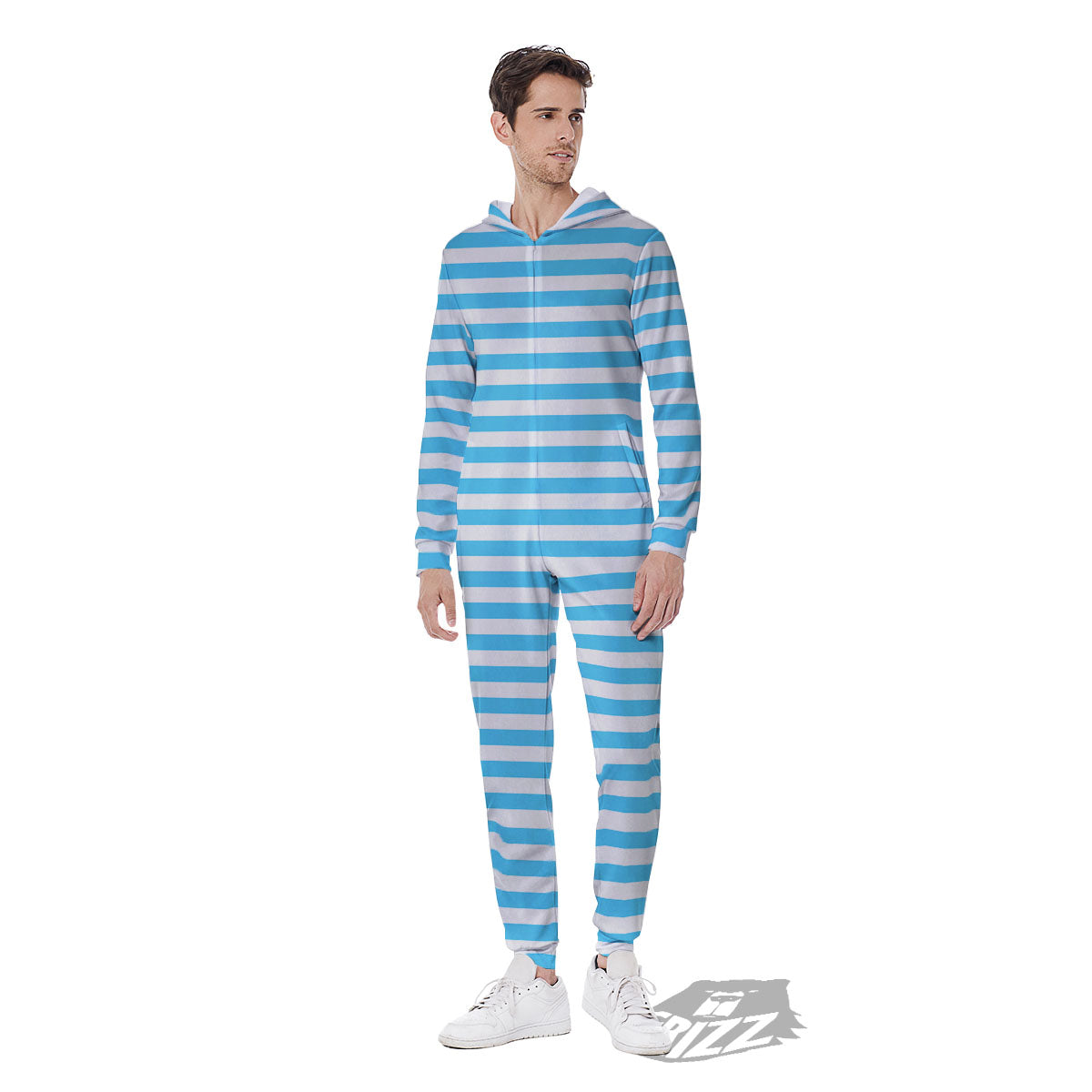 Striped White And Blue Print Pattern Men's Jumpsuit-grizzshop