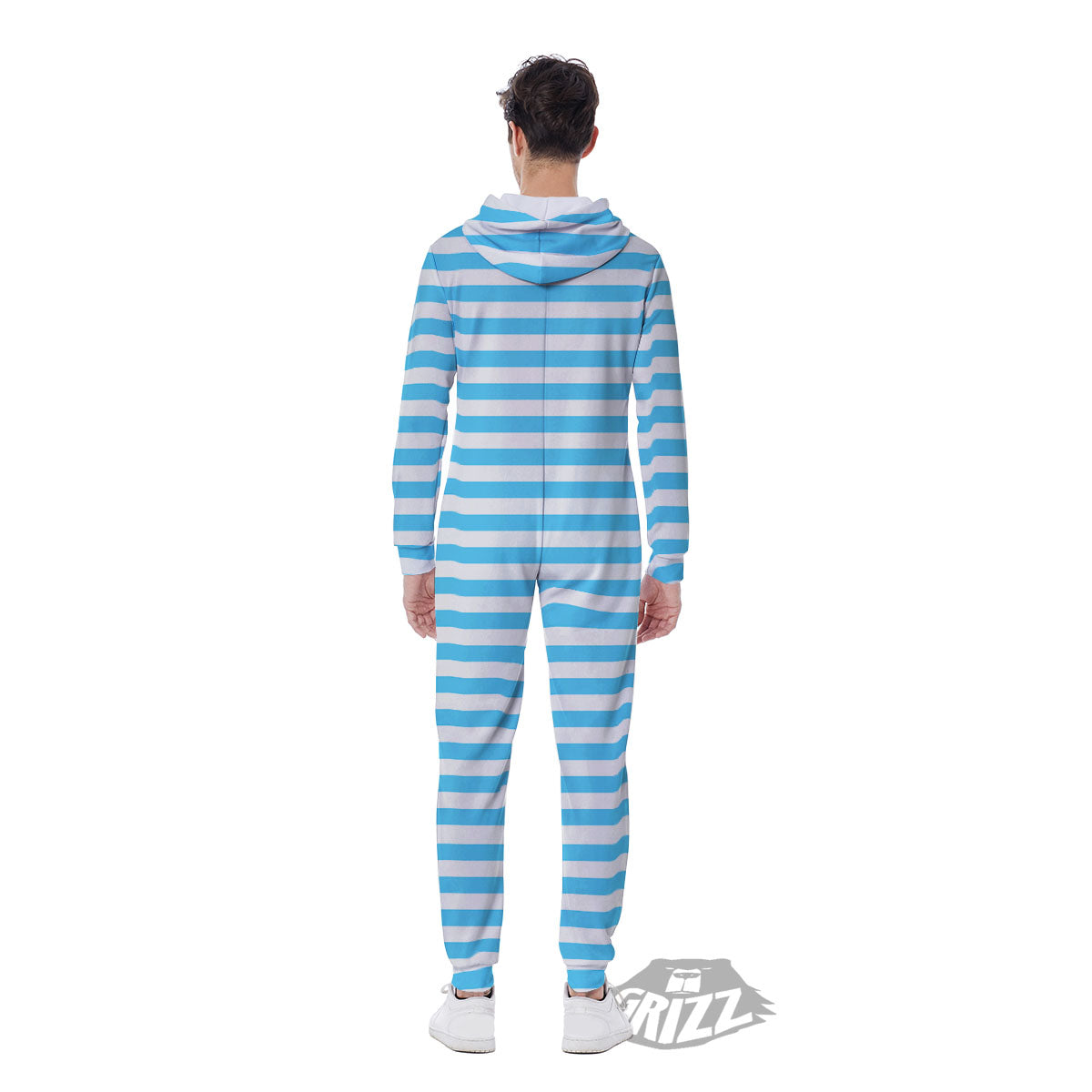 Striped White And Blue Print Pattern Men's Jumpsuit-grizzshop