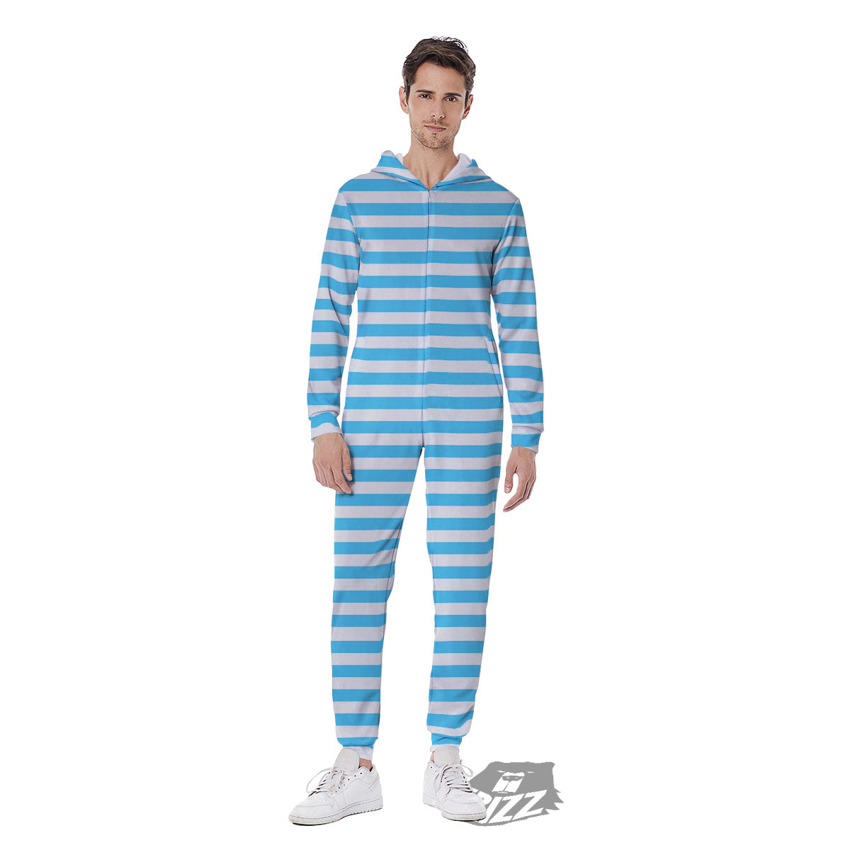 Striped White And Blue Print Pattern Men's Jumpsuit-grizzshop