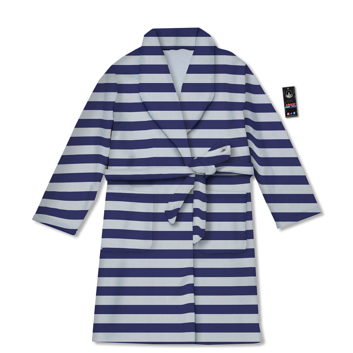 Striped White And Navy Print Pattern Bathrobe-grizzshop