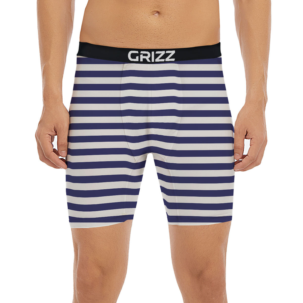 Striped White And Navy Print Pattern Boxer Briefs-grizzshop